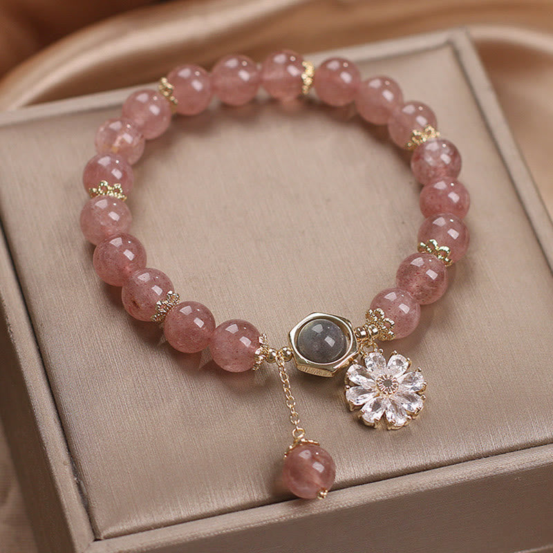 Pulsera curativa positiva con dije de flor de Margarita y cristal de cuarzo fresa Natural