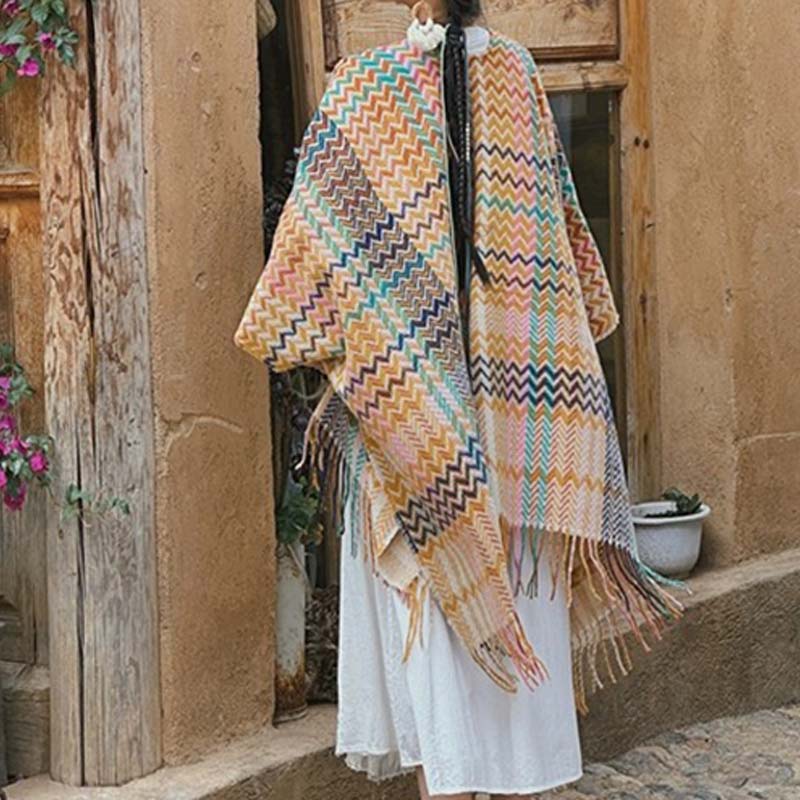 Chal tibetano con Buddha Stones , coloridas formas onduladas a rayas, borlas, bufanda de viaje acogedora para invierno