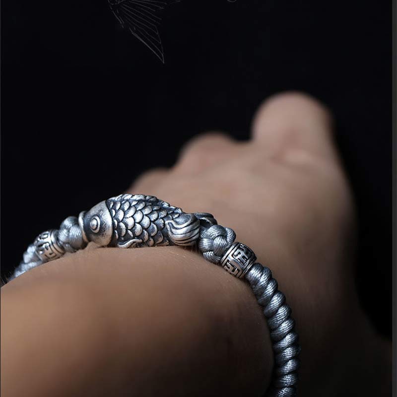 Pulsera de hilo trenzado con pez Koi de la suerte de plata con Buddha Stones