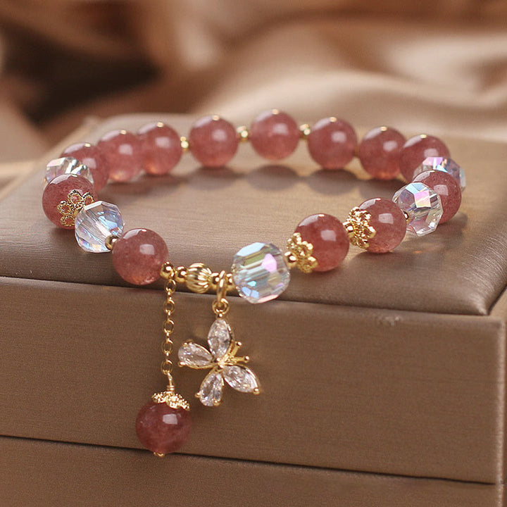 Pulsera con dije de mariposa curativa de amor de cuarzo fresa natural con Buddha Stones