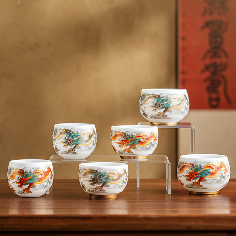 Taza de té de cerámica con caja de regalo, tazas de té de Kung Fu con Buddha Stones , dragón, Fénix, nubes propicias