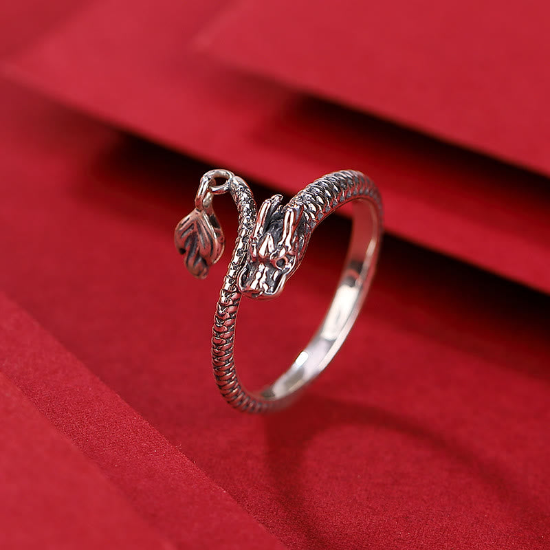 Anillo ajustable de plata de ley 925 con Buddha Stones , diseño vintage del Año del Dragón, protección de la suerte