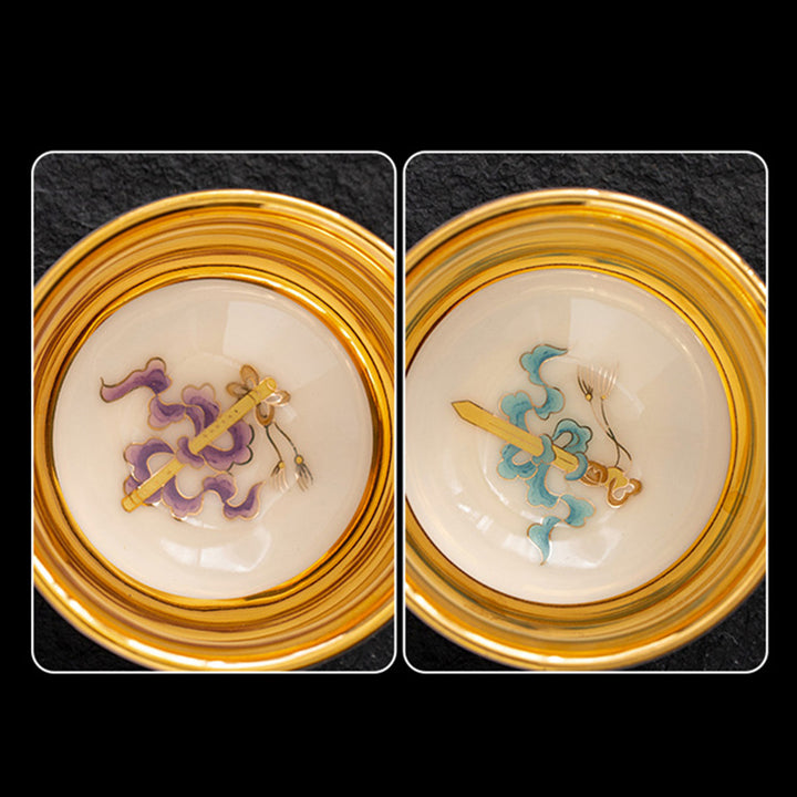 Taza de té de cerámica dorada con Buddha Stones, águila dorada, dragón auspicioso, sol, olas del océano, taza de té de Kung Fu