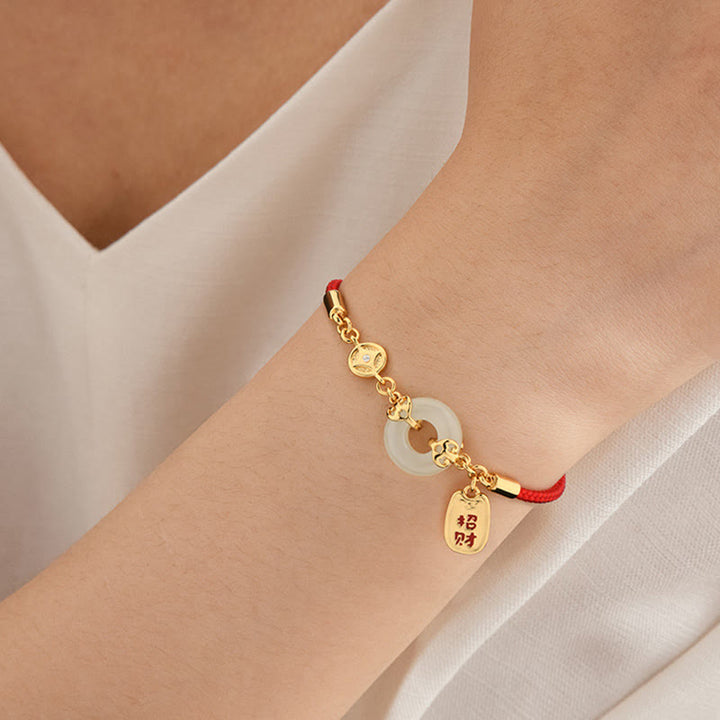 Pulsera de bendición con dije de fortuna y moneda de cobre con hebilla de paz de Jade blanco y Buddha Stones