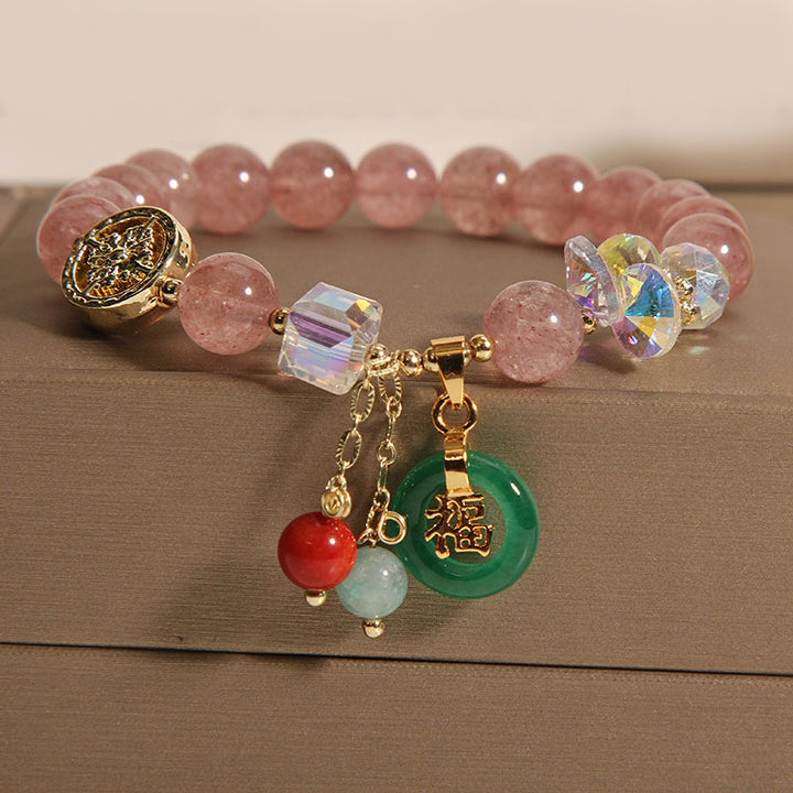 Pulsera curativa con dije de personaje Fu de jade, cuarzo fresa y piedras de Buddha Stones