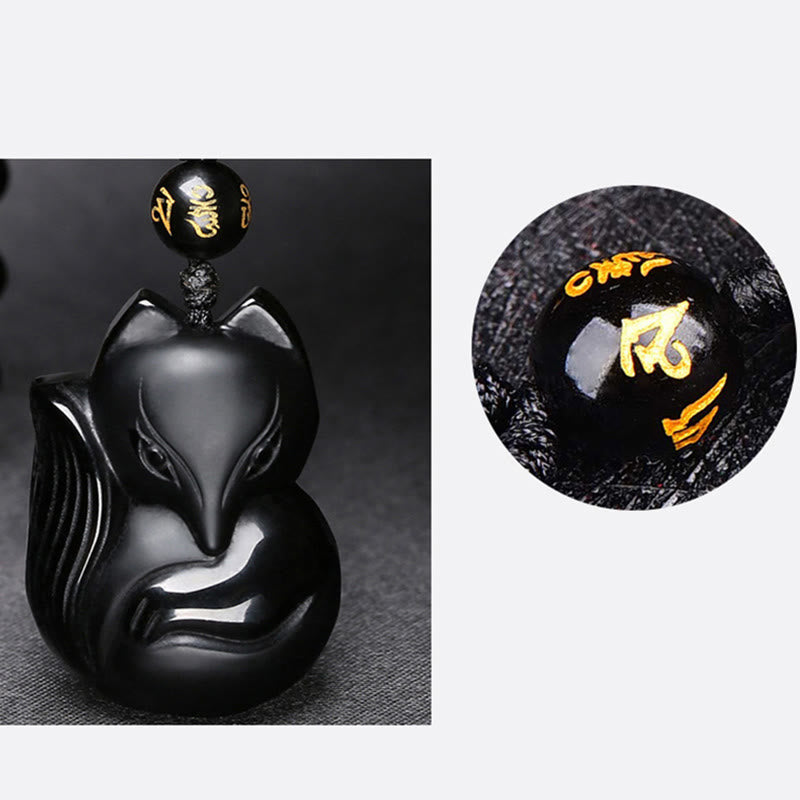 Collar con colgante de amuleto de obsidiana negra natural con Buddha Stones , ojo de tigre, hielo, obsidiana y zorro