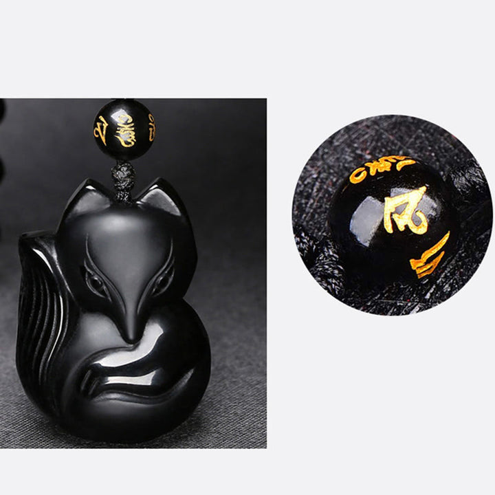 Collar con colgante de amuleto de obsidiana negra natural con Buddha Stones , ojo de tigre, hielo, obsidiana y zorro