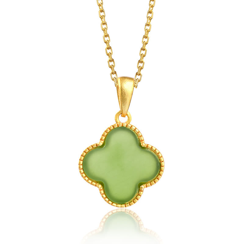 Collar con colgante de trébol de cuatro hojas de la suerte de jade hetiano natural de plata de ley 925 con Buddha Stones