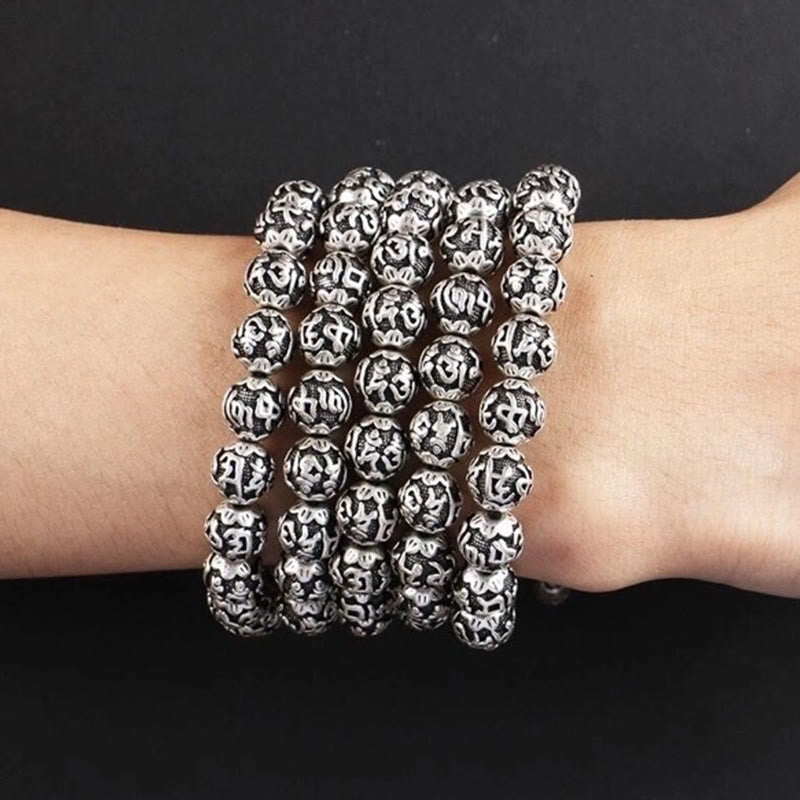 Pulsera de amuleto de cuentas de aleación talladas Om Mani Padme Hum tibetano con Buddha Stones