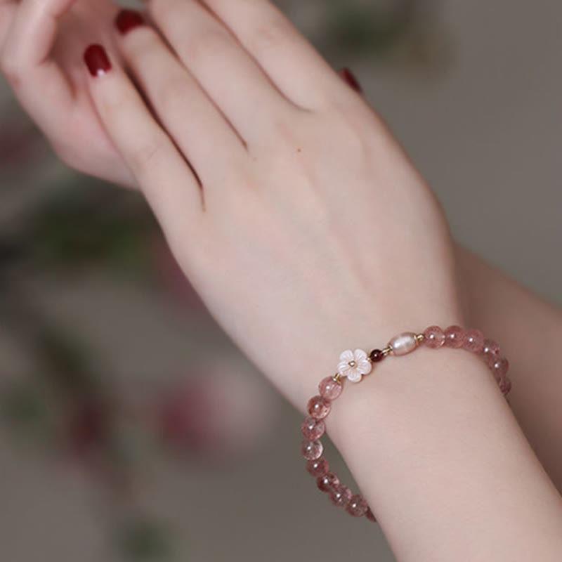 Pulsera de amor con Buddha Stones, cuarzo fresa, flor de melocotón