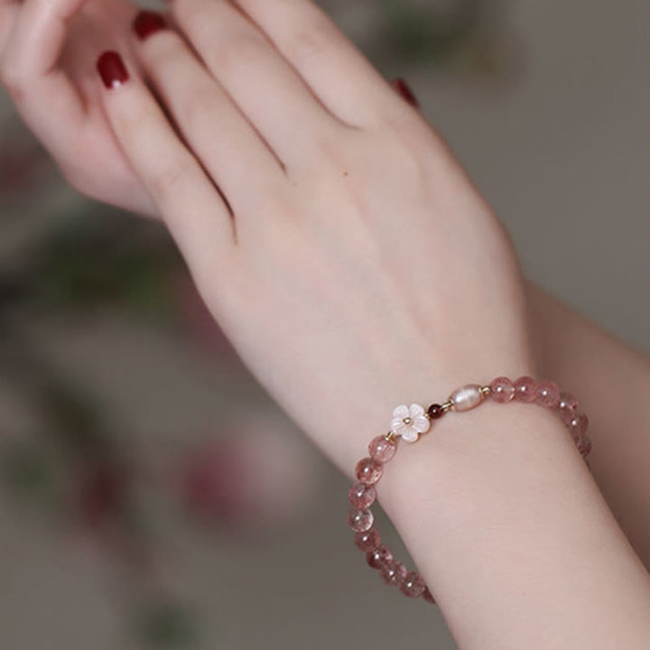 Pulsera de amor con Buddha Stones, cuarzo fresa, flor de melocotón