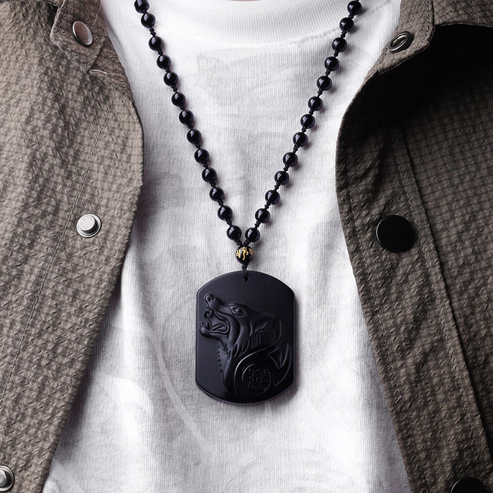 Collar con colgante de purificación de lobo de piedra de obsidiana negra con Buddha Stones