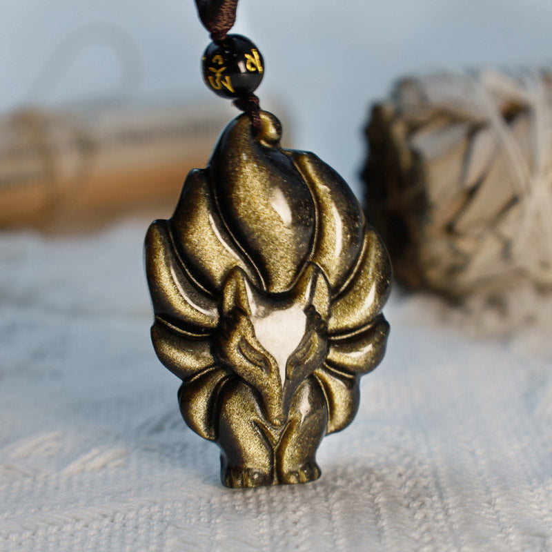 Buddha Stones, obsidiana arcoíris Natural, brillo dorado, obsidiana, zorro de nueve colas, colgante positivo