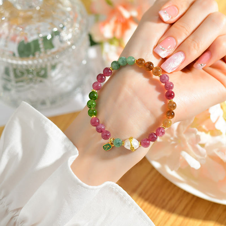 Pulsera de la sabiduría del encanto del carácter auspicioso de la perla de turmalina multicolor natural de las Buddha Stones