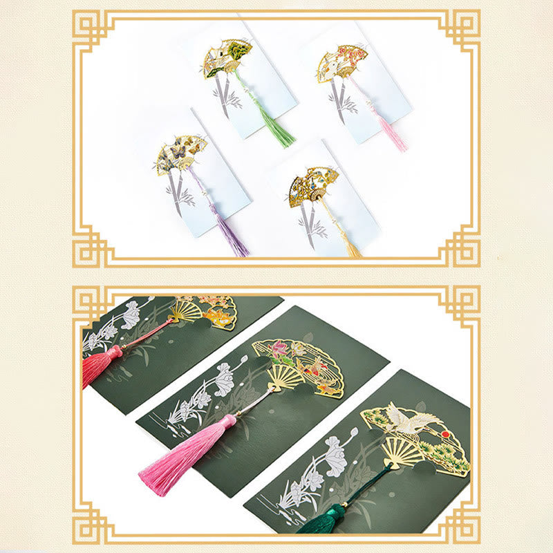 Buddha Stones, mariposa tradicional, flor de loto, grúa, dragón, Fénix, zorro, pez Koi, nuevo comienzo, marcapáginas de abanico hueco de Metal y latón