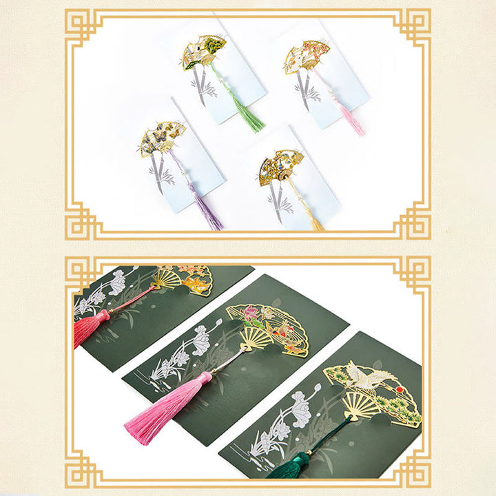 Buddha Stones, mariposa tradicional, flor de loto, grúa, dragón, Fénix, zorro, pez Koi, nuevo comienzo, marcapáginas de abanico hueco de Metal y latón