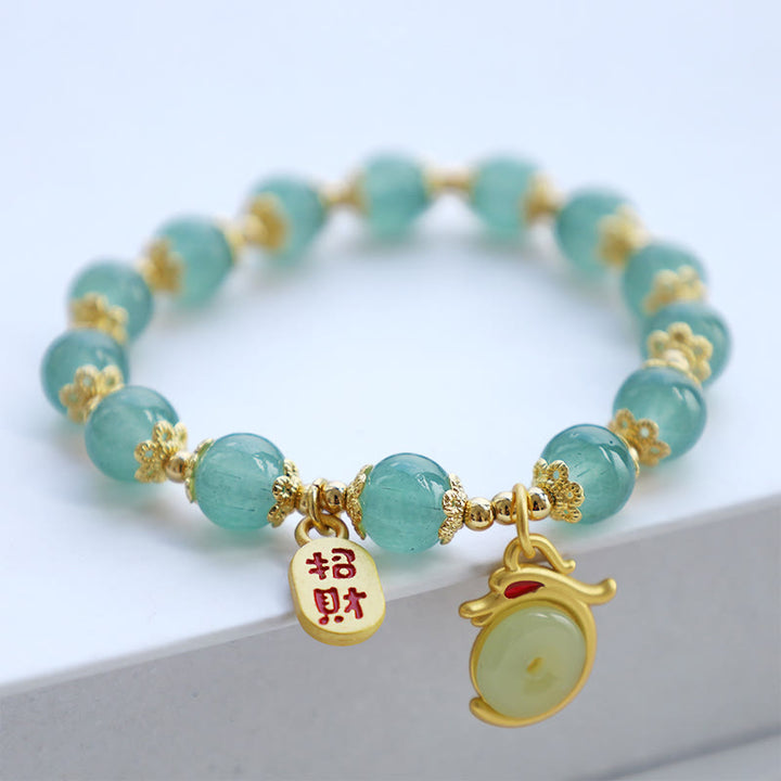 Buddha Stones Año del Dragón Ágata Roja Aventurina Verde Hebilla de la Paz Personaje Fu Pulsera de la Fortuna de la Suerte
