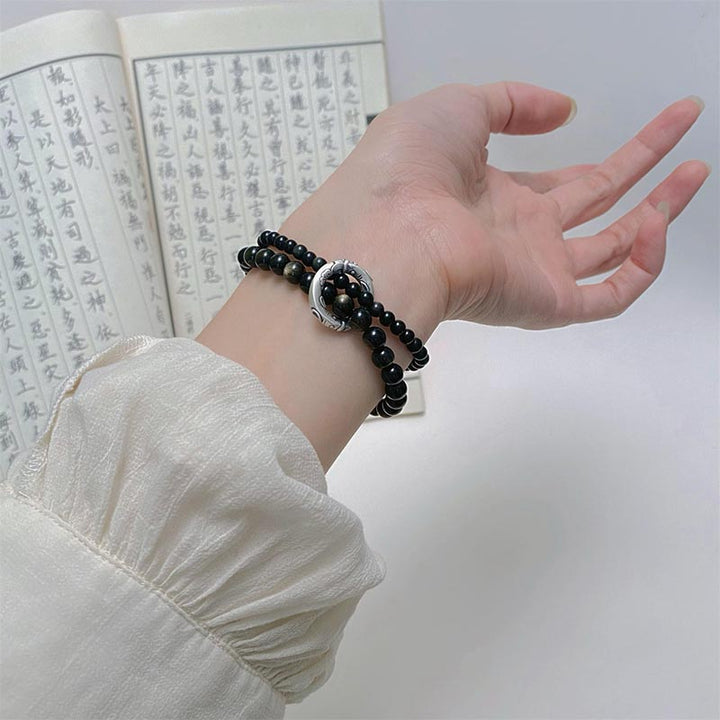 Pulsera de doble capa de obsidiana negra de plata de ley 999 con Buddha Stones