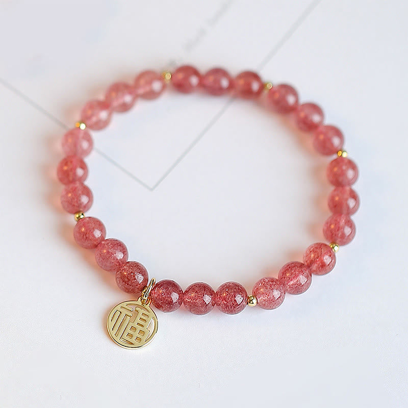 Pulsera con dije curativo de personaje Fu de cuarzo fresa chapado en oro de 14 quilates con Buddha Stones