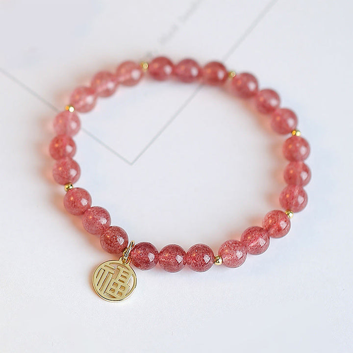 Pulsera con dije curativo de personaje Fu de cuarzo fresa chapado en oro de 14 quilates con Buddha Stones