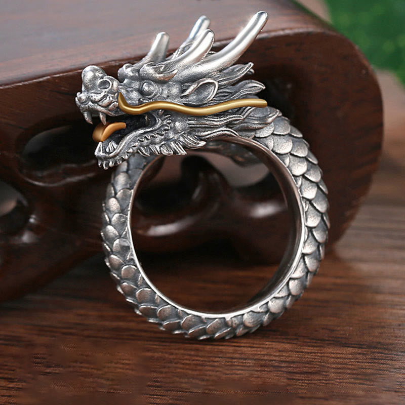 Anillo ajustable de fuerza de protección con diseño de dragón vintage de plata de ley 925 con Buddha Stones