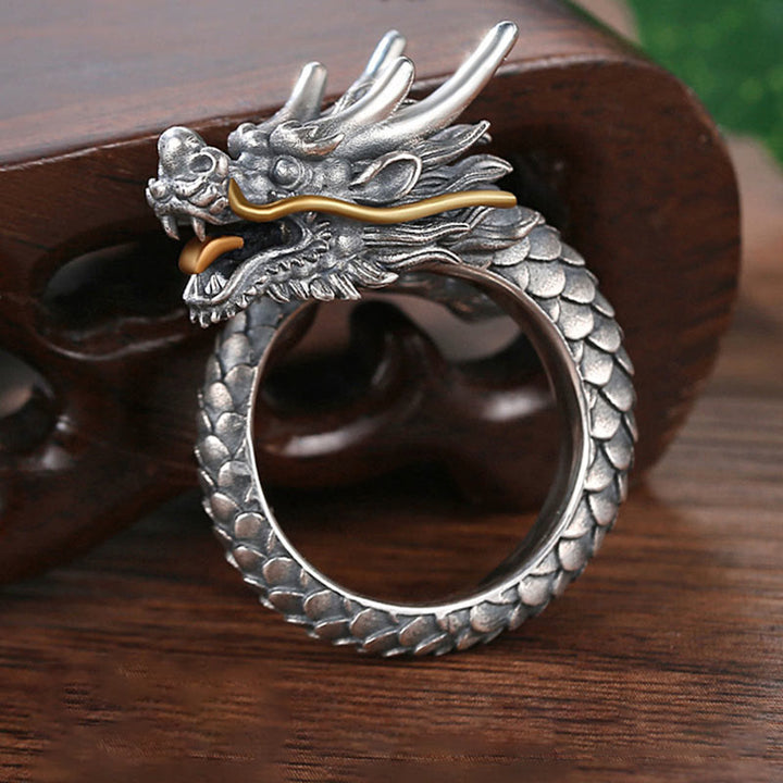 Anillo ajustable de fuerza de protección con diseño de dragón vintage de plata de ley 925 con Buddha Stones