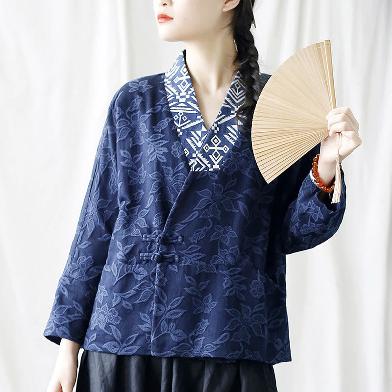 Chaqueta de manga larga con cuello en V y jacquard floral con Buddha Stones