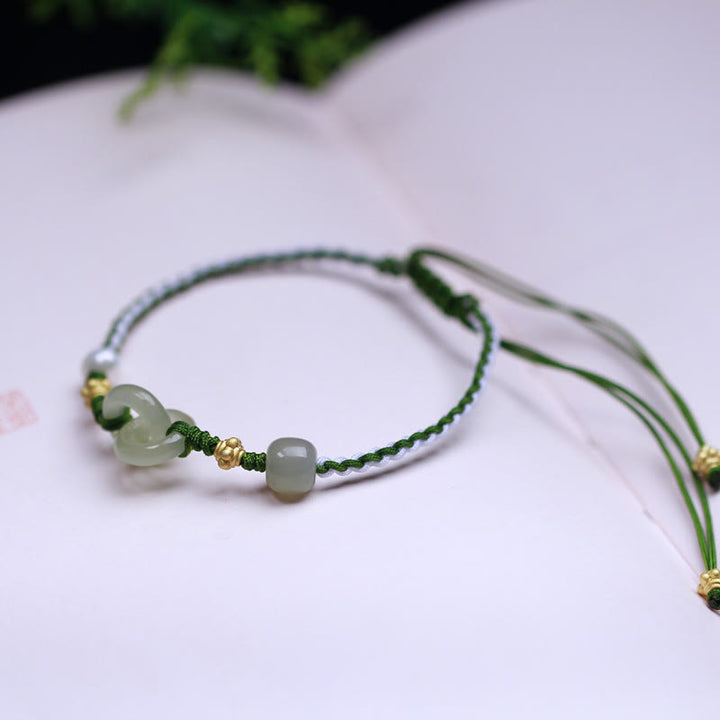Pulsera trenzada de la suerte con hebilla de paz doble de jade hetiano de plata de ley 925 con Buddha Stones