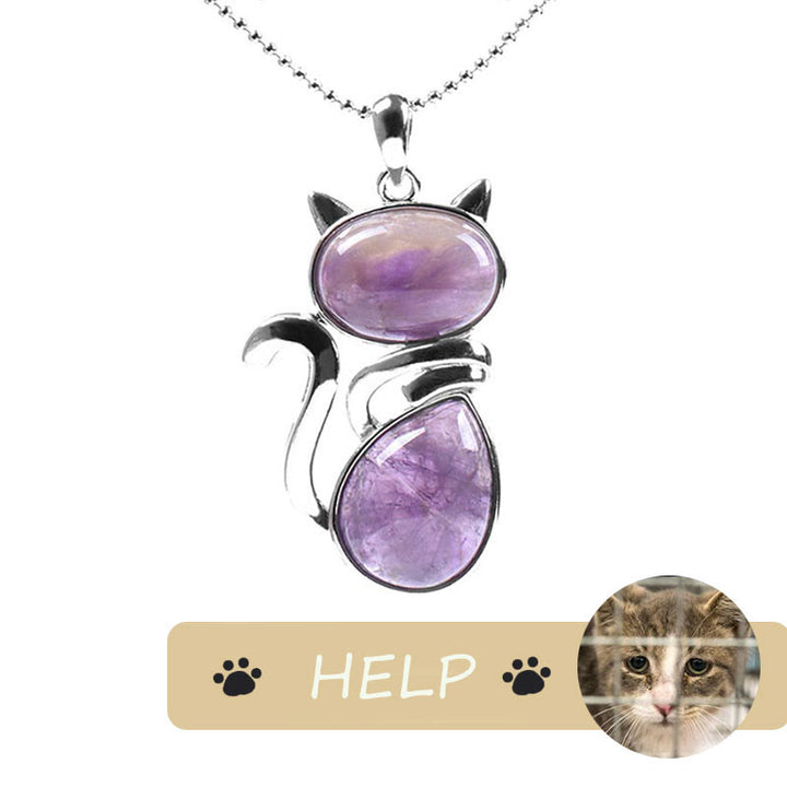 &quot;Save A Cat&quot; Lindo patrón de gato Protección de cristal natural Collar con colgante amante de los gatos