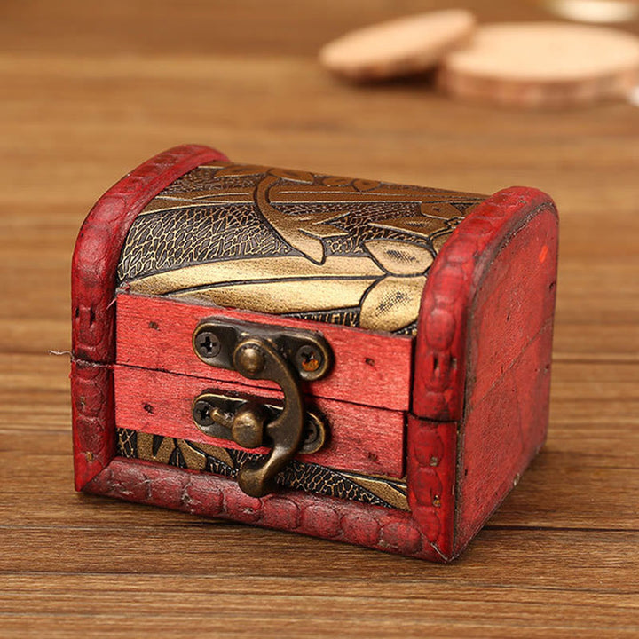 Caja de joyería de madera pequeña Retro con Buddha Stones , caja de almacenamiento de joyería con flor de hierba Narciso, moneda de cobre, uva dorada de loto