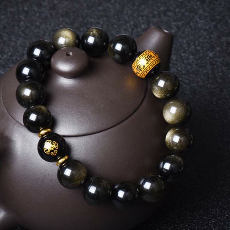 Pulsera de protección de la riqueza de obsidiana con brillo dorado del Buda Natal del zodíaco chino