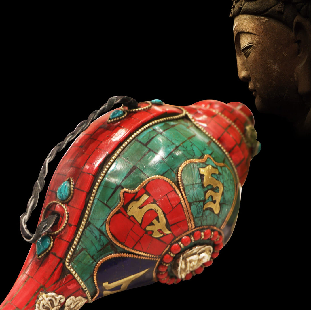 Concha tibetana hecha a mano Shankha Om Mani Padme Hum Buda, decoración de la suerte