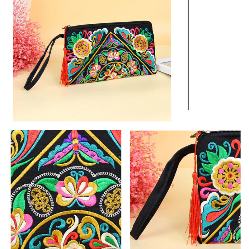 Cartera de compras con bordado de flores de Buddha Stones, dragón, mariposa, cosmos