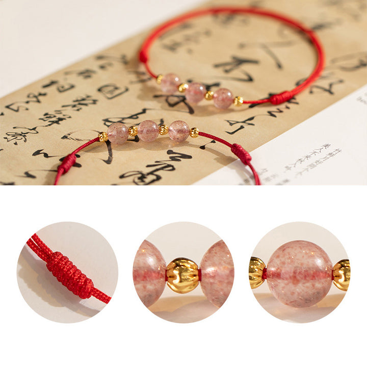 Tobillera con hilo rojo de la suerte con cuentas de cristal de fresa y piedras de Buddha Stones
