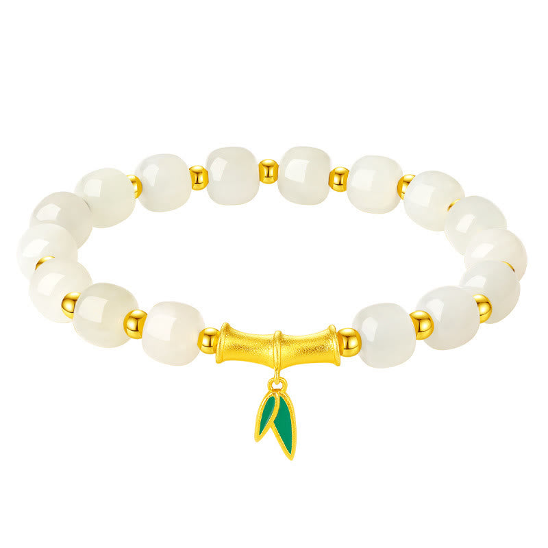 Pulsera de la suerte de bambú de jade blanco hetiano de plata de ley 925 con Buddha Stones