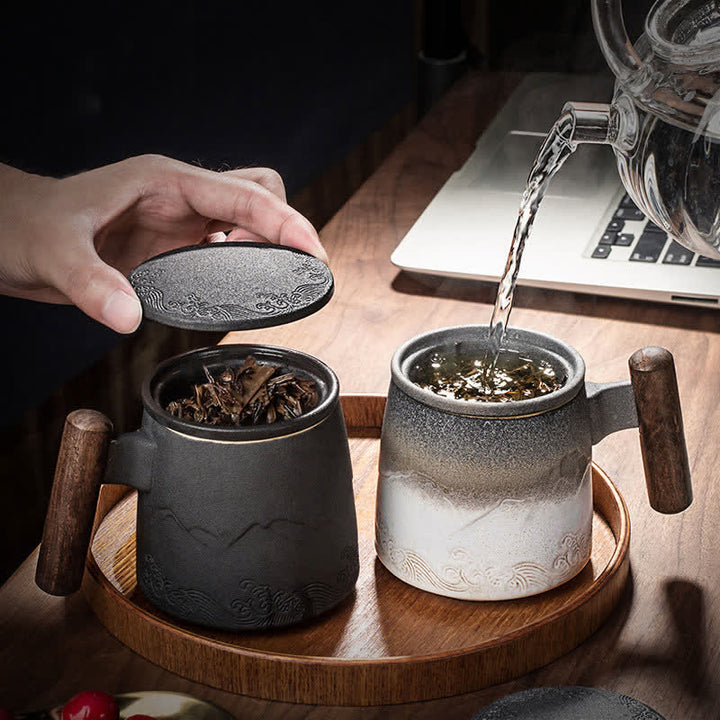 Tazas de té de cerámica vintage con diseño de Buddha Stones y piedras de montaña y mar