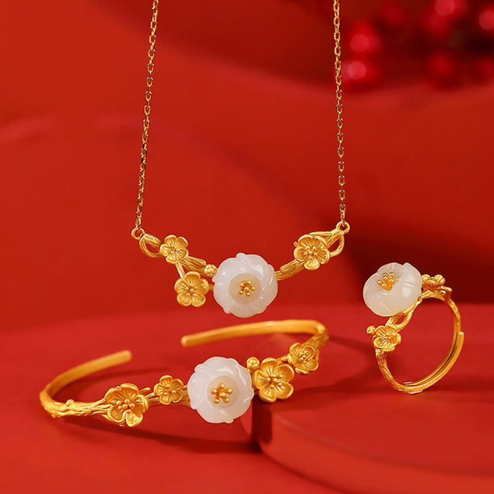 Buddha Stones, Plata de Ley 925 chapada en oro, Jade hetiano, flor de ciruelo, collar de la suerte, colgante, pulsera, anillo