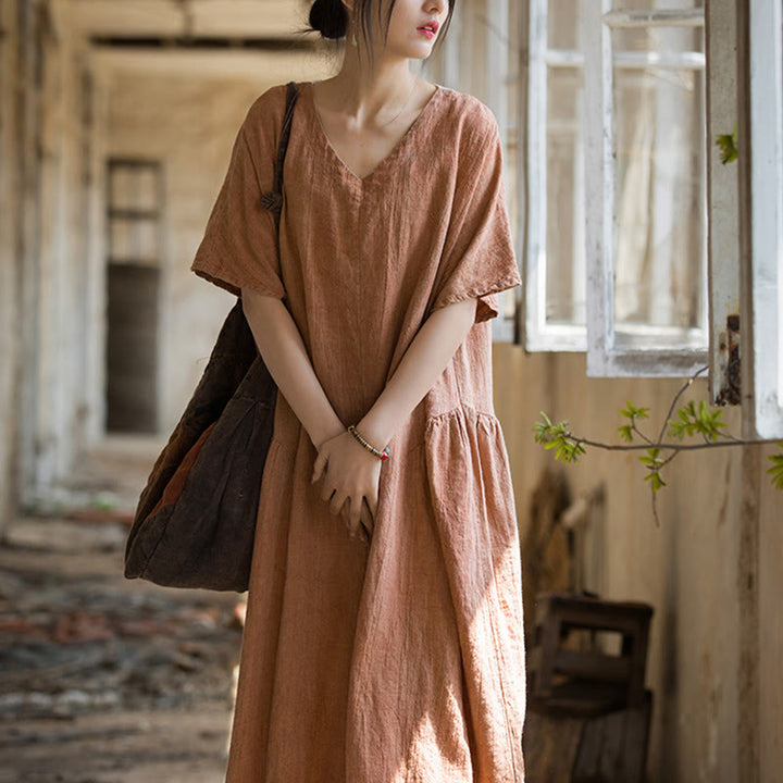 Vestido midi con cuello en V y teñido anudado hecho a mano con Buddha Stones Vestido de manga corta de lino