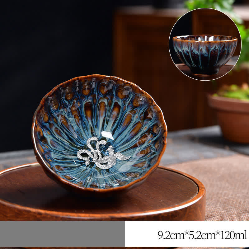 Tazas de té de cerámica con incrustaciones de Buddha Stones , loto, pavo real, dragón, fénix, pez koi, 120 ml