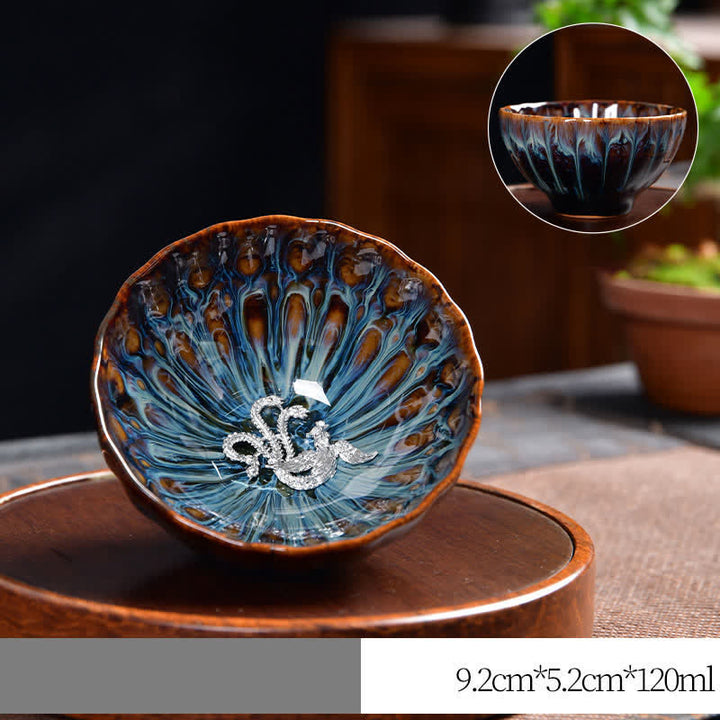 Tazas de té de cerámica con incrustaciones de Buddha Stones , loto, pavo real, dragón, fénix, pez koi, 120 ml