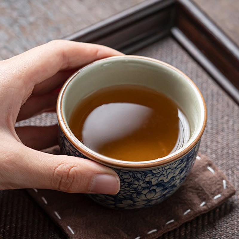 Tazas de té de cerámica con diseño de crisantemo, loto azul, flor de melocotón, Buddha Stones, tazas de té de Kung Fu