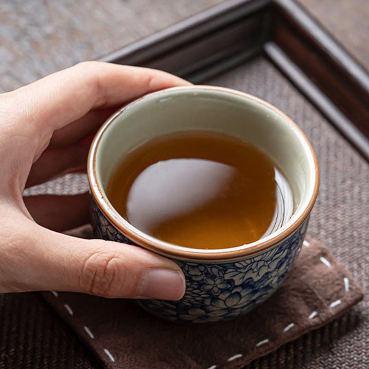 Tazas de té de cerámica con diseño de crisantemo, loto azul, flor de melocotón, Buddha Stones, tazas de té de Kung Fu