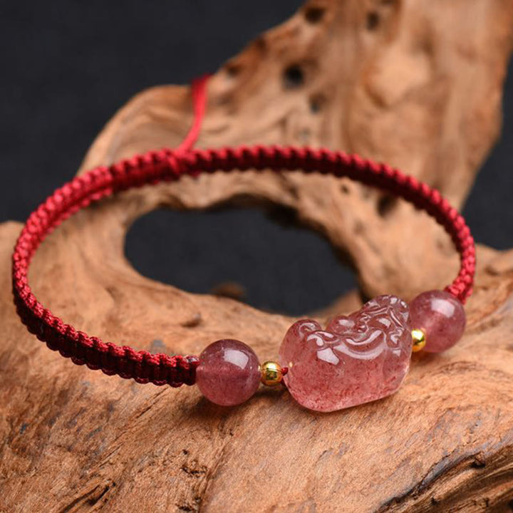 Pulsera de hilo rojo de la suerte PiXiu de cuarzo fresa Natural con Buddha Stones