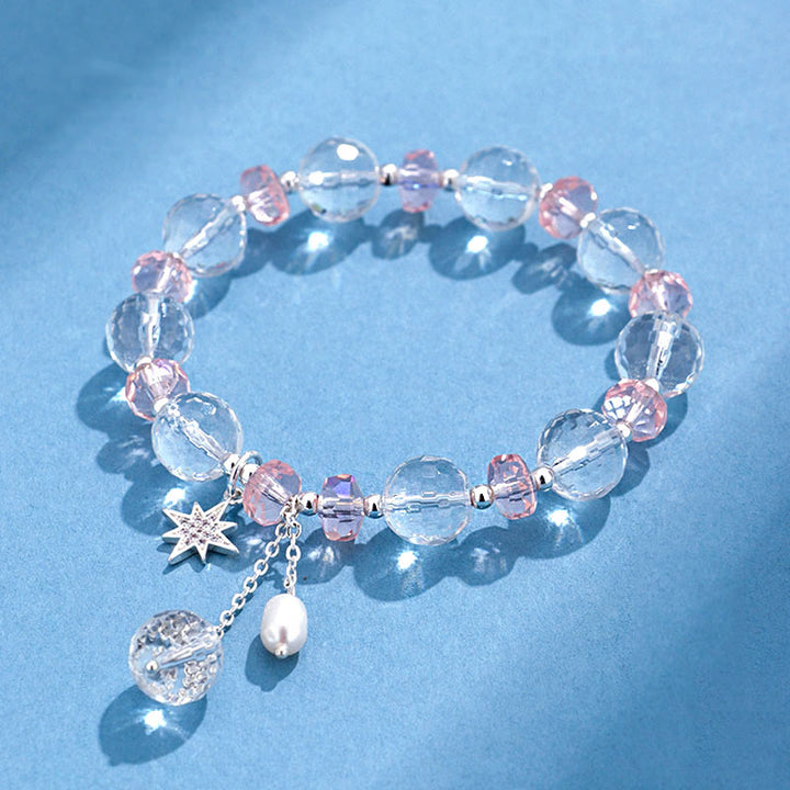 Pulsera con dije de estrella de protección de cristal rosa y cristal blanco con Buddha Stones