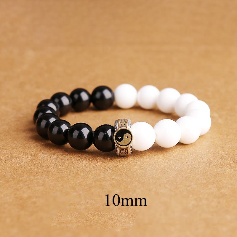 Pulsera de fuerza Yin Yang de concha blanca de obsidiana negra de plata de ley 925 con Buddha Stones