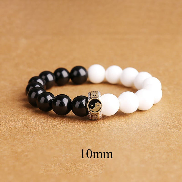 Pulsera de fuerza Yin Yang de concha blanca de obsidiana negra de plata de ley 925 con Buddha Stones