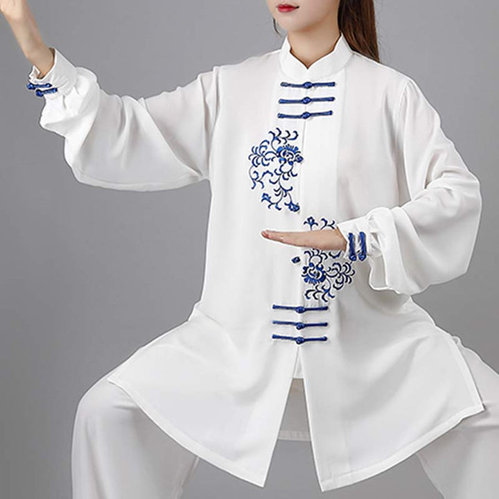 Buddha Stones Conjunto de ropa unisex para práctica de meditación, oración, tai chi y qigong con bordado de flores - image 1