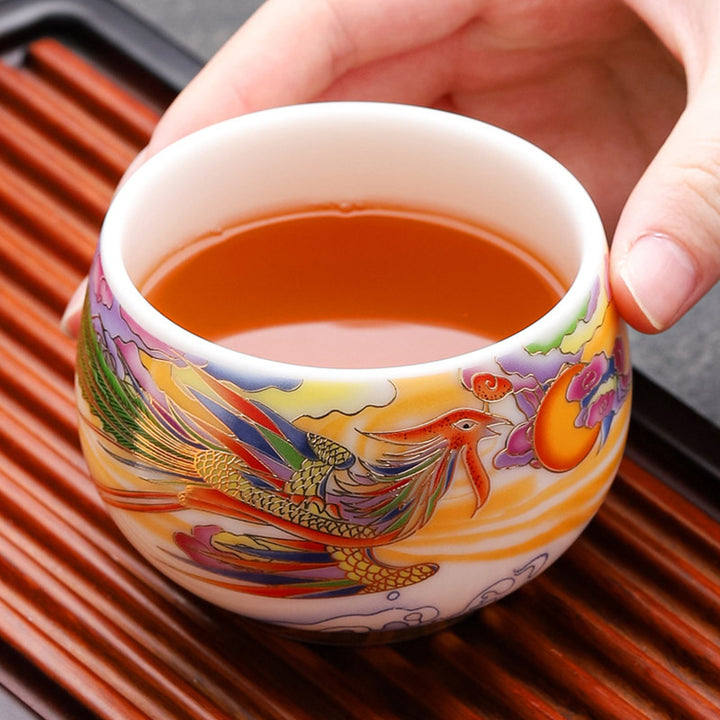 Taza de té de cerámica con Buddha Stones, dragón, Fénix, nubes propicias, sol, olas del océano, taza de té de Kung Fu