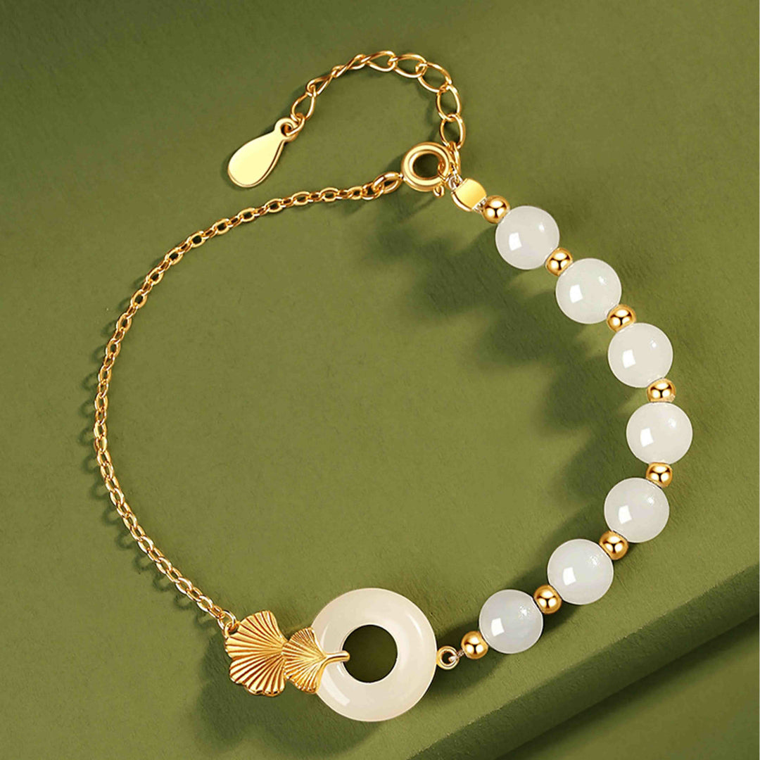 Pulsera de la suerte con Buddha Stones, plata de ley 925, jade blanco hetiano, hebilla de la paz, hoja de Ginkgo