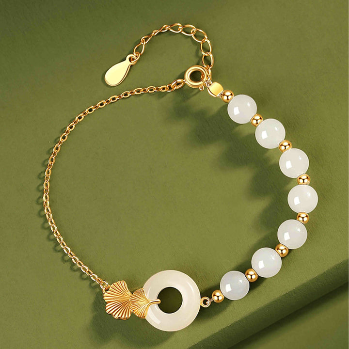 Pulsera de la suerte con Buddha Stones, plata de ley 925, jade blanco hetiano, hebilla de la paz, hoja de Ginkgo